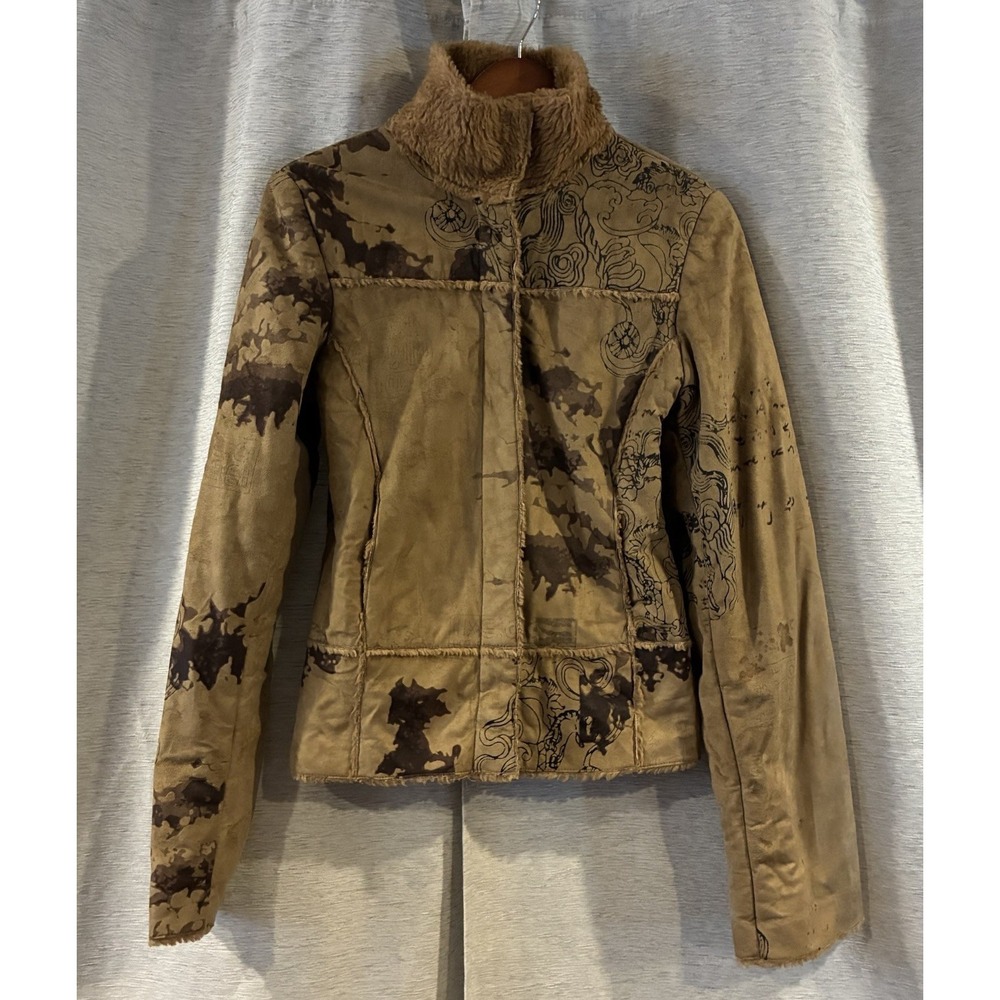 Sao Paulo Vintage 90s Faux Fur Lined Coat Brown Graphic Print Retro Jacket 8